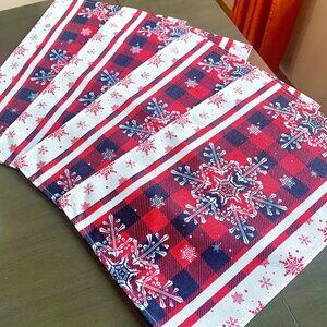 Set/4 Christmas Placemats Farmhouse Deep Red Black Buffalo Check Snowflakes New